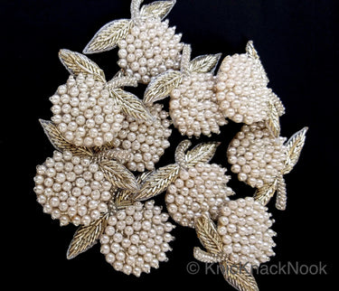 Hand Embroidered White Fruit Applique, White Pearl Beads Applique Orange Motif In Pearls, Kids Applique Patch
